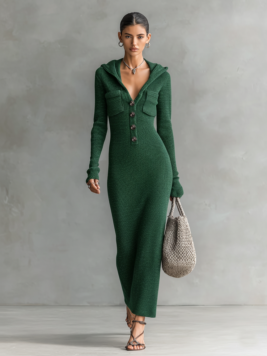 Ribbed Knit Hooded Long Sleeve Midi Dress with Button Front and Pockets
