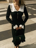 Französisches Midi-Strickkleid mit Rüschenkragen