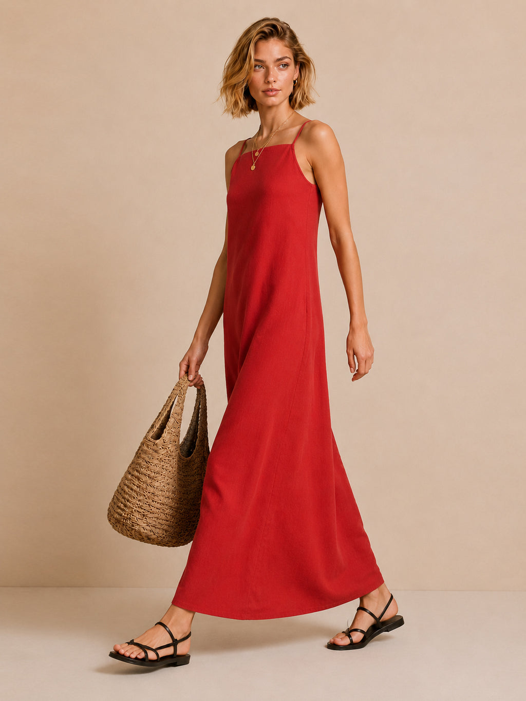 Red Linen-Blend Maxi Dress with Spaghetti Straps – Effortless Summer Elegance
