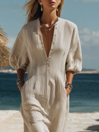 Robe midi bohème décontractée rayée noire et beige boutonnée