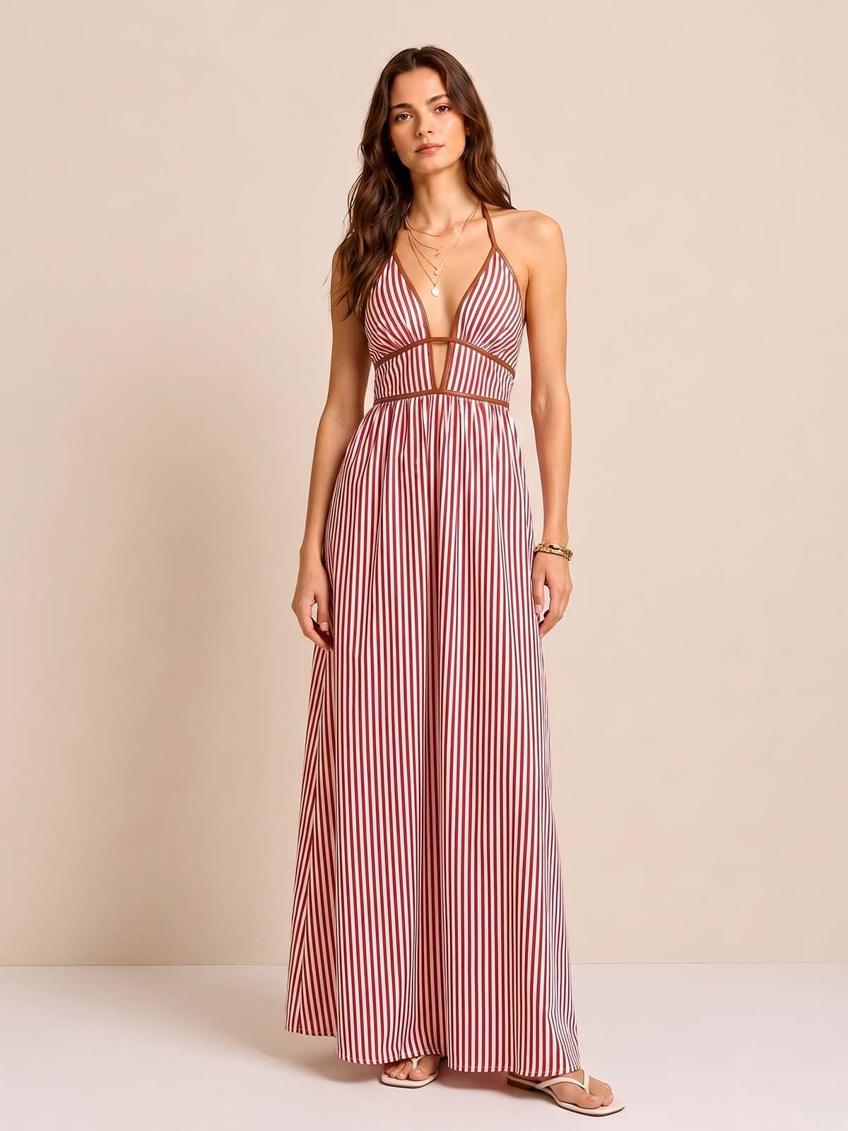 Striped Cutout Halter Maxi Dress