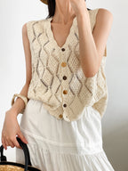 V-Neck Openwork Linen-Blend Paper Yarn Knit Vest