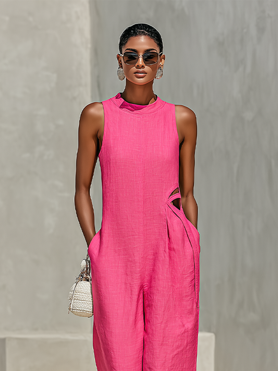 Linen Sleeveless Wide Leg Jumpsuit with Side Cutout Design for Women