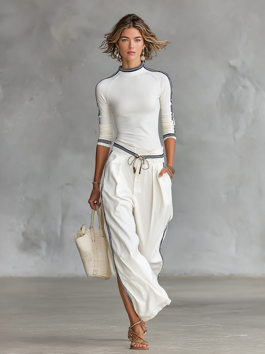 Cotton Blend White High Neck Long Sleeve Top with Side Stripes and Matching Wide Leg Pants Set