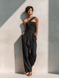 Silk One-Shoulder Jumpsuit with Striped Belt Detail - Elegant Wide Leg Jumpsuit for Women