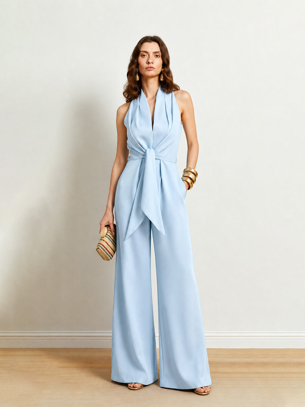 Tie Waist V Neck Jumpsuit