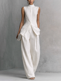 Linen Sleeveless High Neck Tunic with Wide Leg Pants Set Elegant Minimalist Women's Outfit