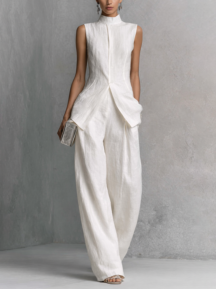Linen Sleeveless High Neck Tunic with Wide Leg Pants Set Elegant Minimalist Women's Outfit