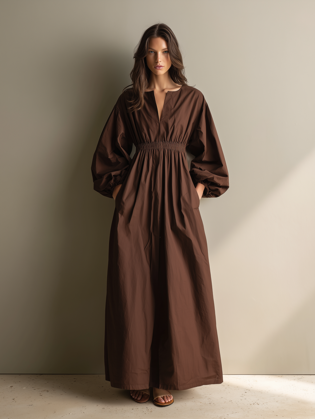 Cotton Linen Maxi Dress with Elastic Waist and Puff Sleeves