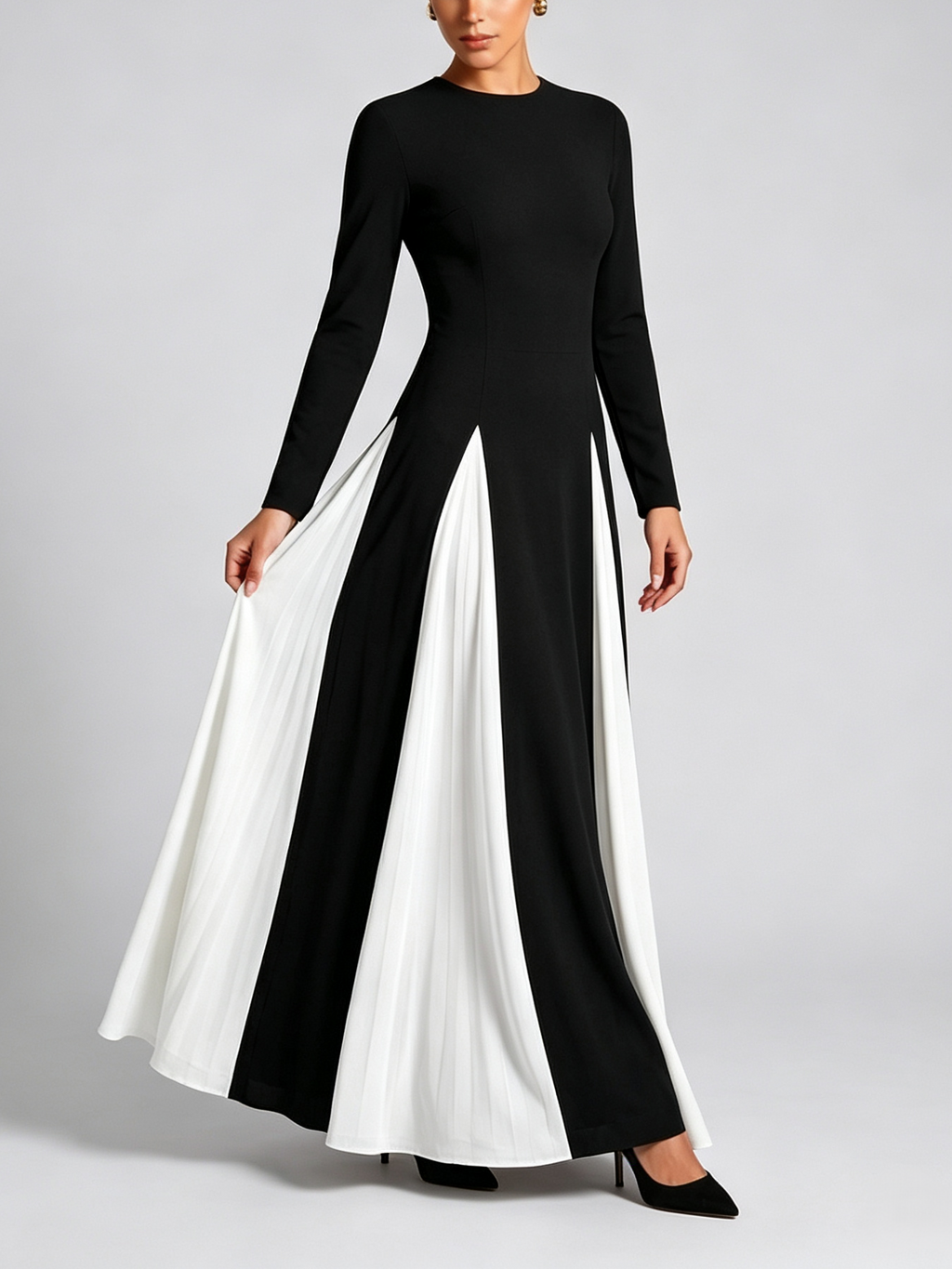 Color Block Long Sleeve Crewneck Maxi Dress