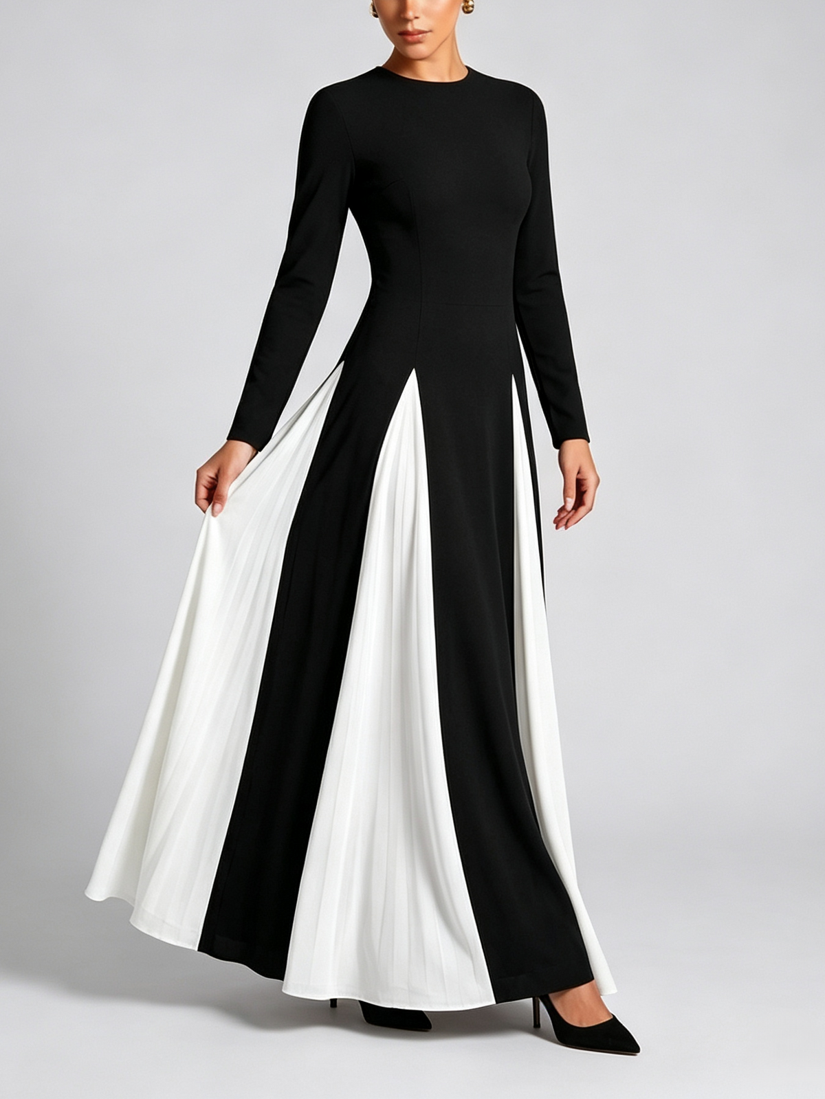 Color Block Long Sleeve Crewneck Maxi Dress