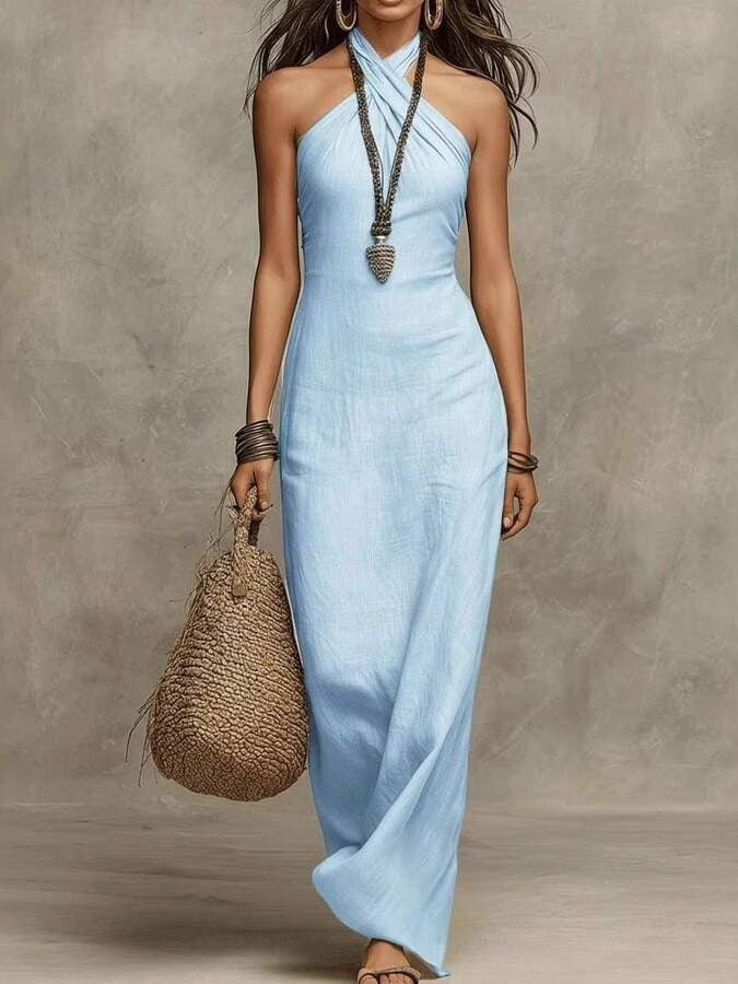 Cross Halter Neck Fitted Maxi Dress