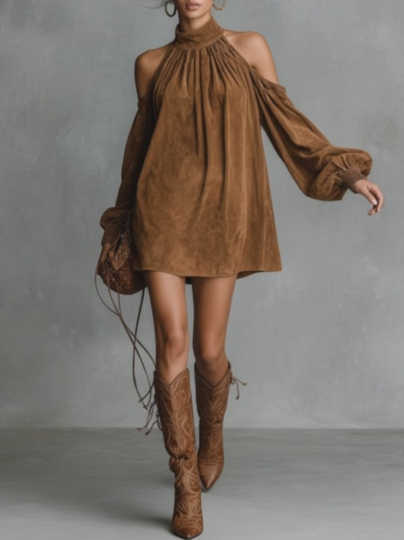 Suede Off-Shoulder Halter Mini Dress with Puff Sleeves