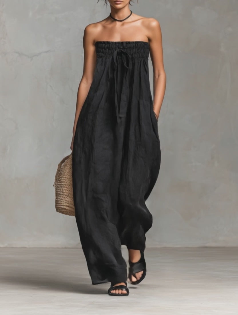Linen Strapless Maxi Dress for Women - Boho Wide Leg Jumpsuit with Drawstring Waist and Side Pockets