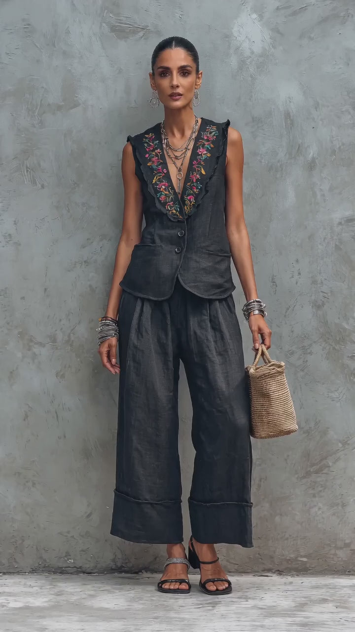 Linen Embroidered Sleeveless Vest & Wide Leg Pants Set for Women Boho Chic Summer Outfit with Floral Trim and Relaxed Fit