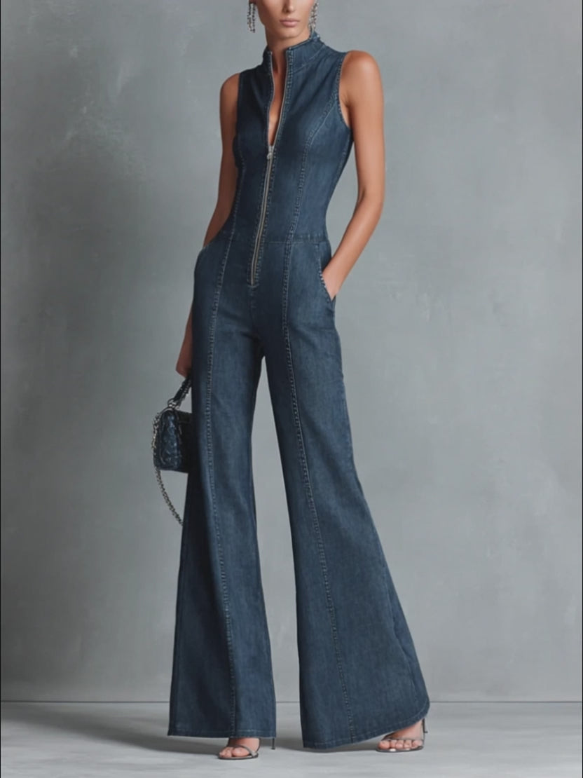 Denim Sleeveless Wide-Leg Jumpsuit with Front Zipper and High Neck Design