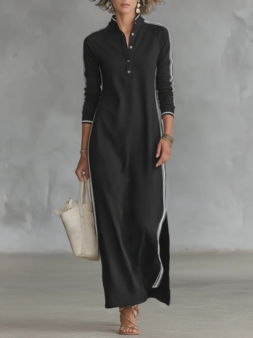 Cotton Blend Long Sleeve Maxi Dress with White Stripe Detailing - Casual Elegant Women's Fashion Dress