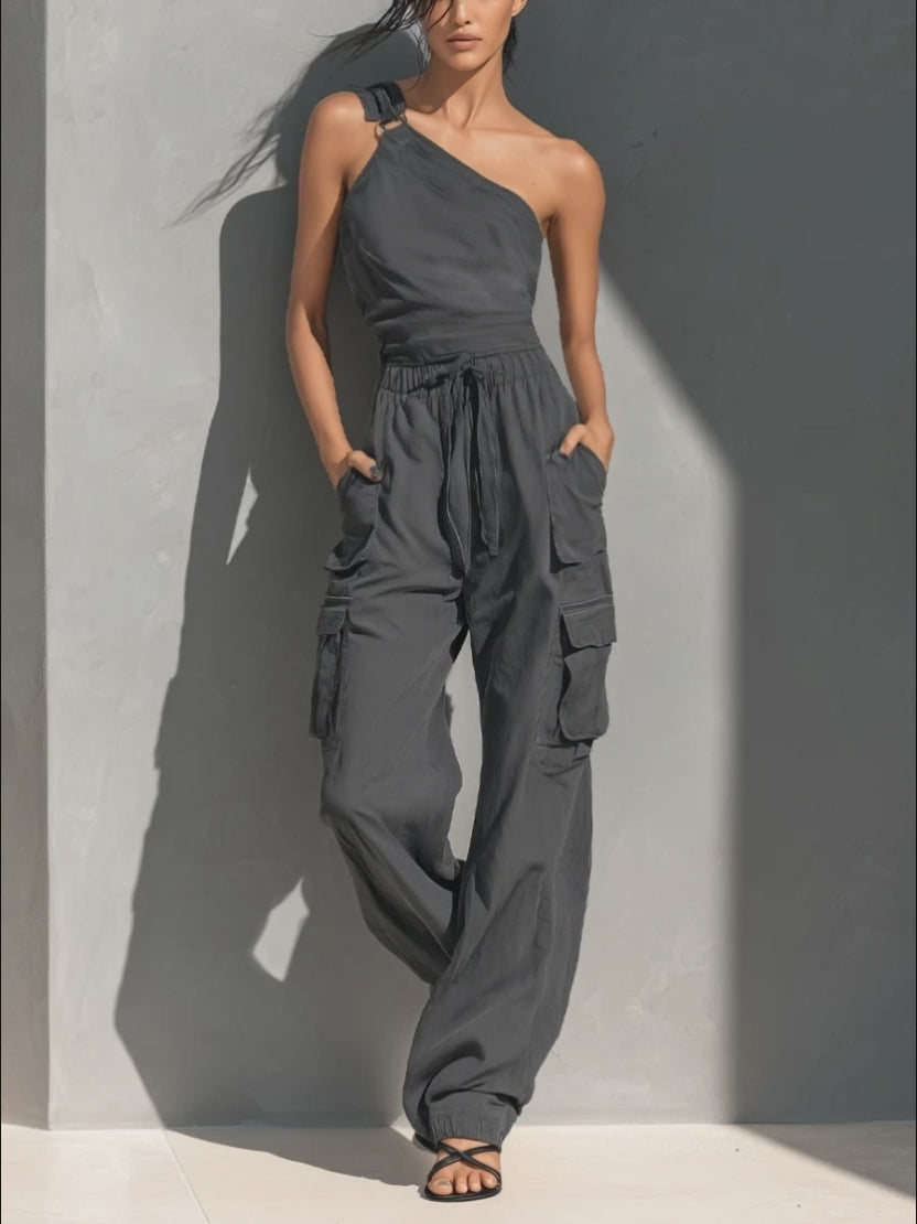 Cotton One-Shoulder Cargo Jumpsuit with Drawstring Waist and Multiple Pockets