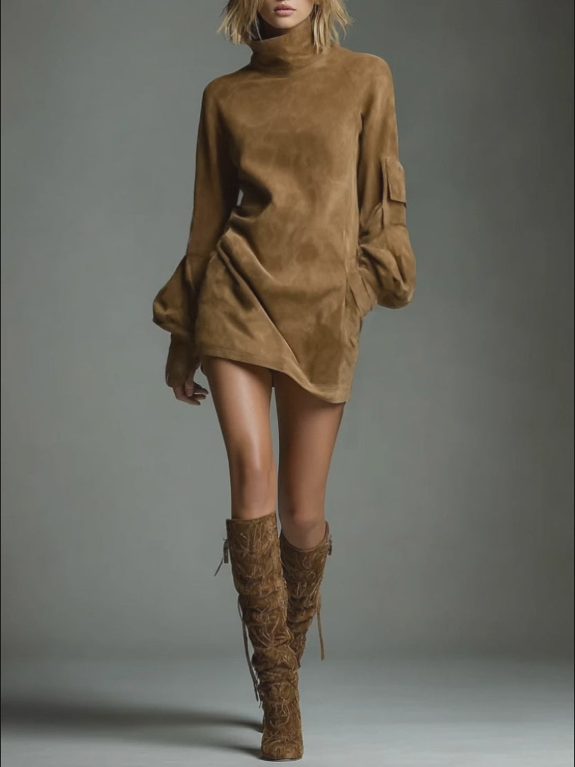 Suede Turtleneck Mini Dress with Puff Sleeves and Side Pockets