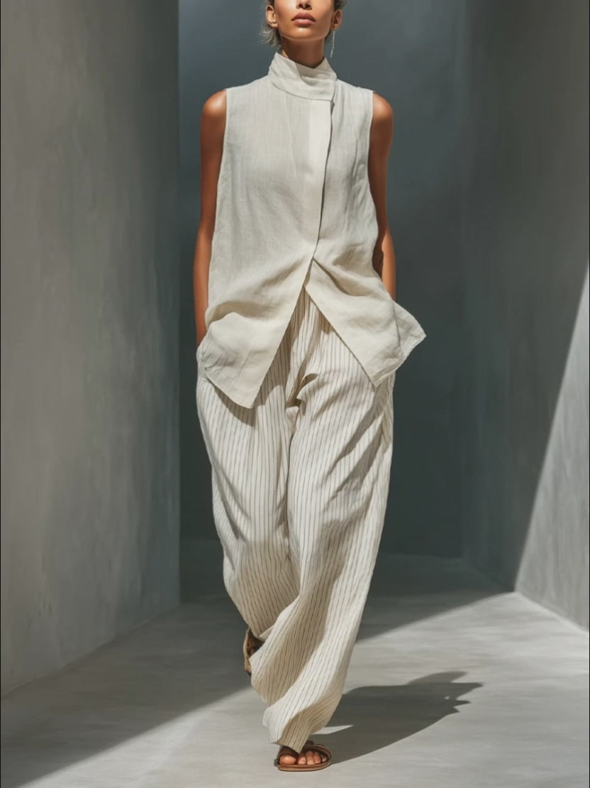 Linen Sleeveless Turtleneck Top with Draped Front and Striped Wide-Leg Pants Set