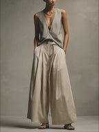 Baumwoll-Leinen-Hose mit weitem Bein und ärmellosem V-Ausschnitt-Top-Set – minimalistische moderne Mode für Damen