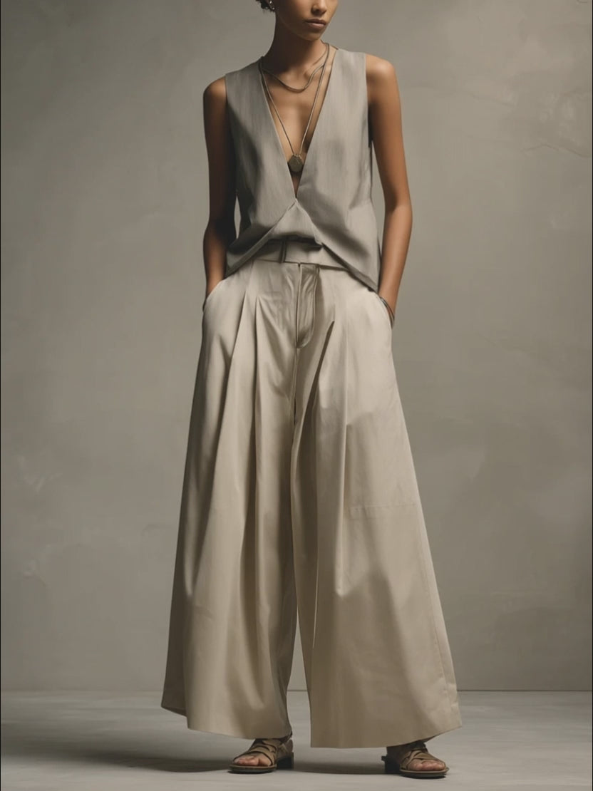 Cotton Linen Wide Leg Pants with Sleeveless V-Neck Top Set - Minimalist Modern Fashion for Women