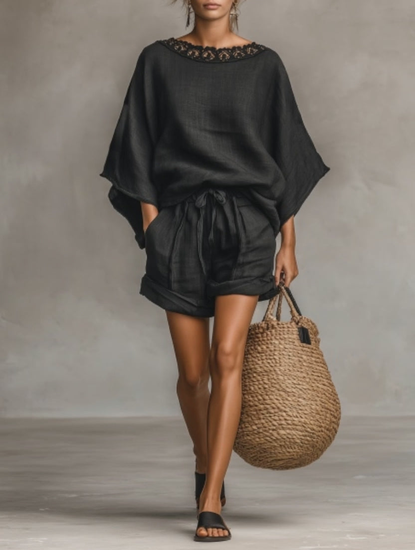 Linen Boho Style Women's Loose Top and Shorts Set with Lace Trim and Drawstring Waist