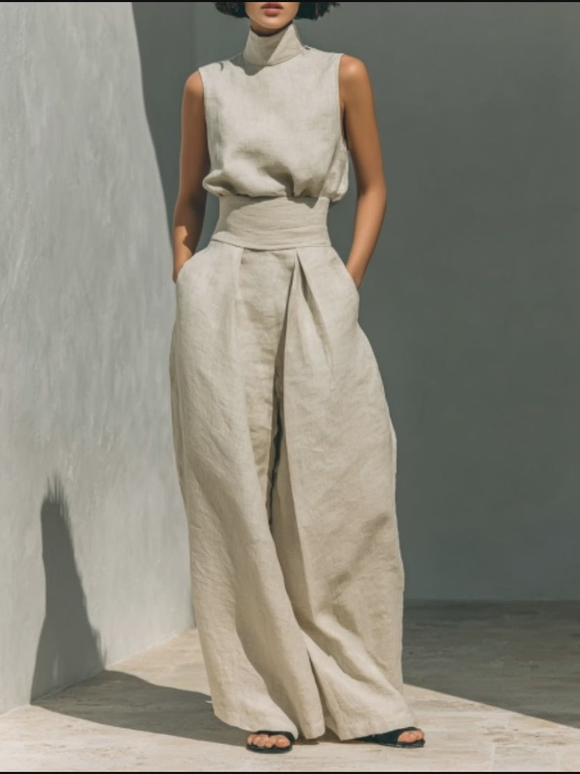 Linen Sleeveless High Neck Top with Wide Leg Pants Set for Women Modern Minimalist Outfit