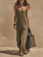 Vestido largo de lino verde oliva con escote cuadrado