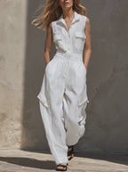 Tuta cargo senza maniche in lino da donna - Tuta oversize bianca stile utility con bottoni sul davanti e tasche