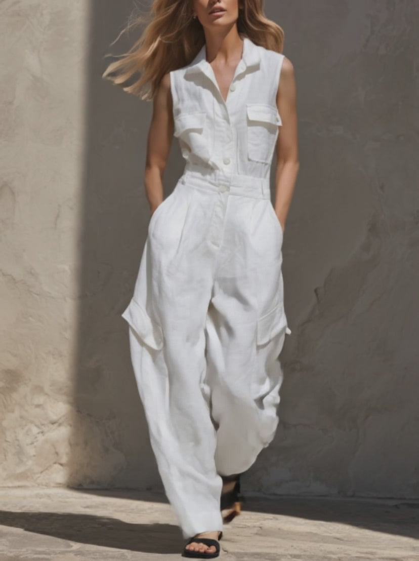 Linen Sleeveless Cargo Jumpsuit for Women - White Oversized Utility Overall with Button Front and Pockets