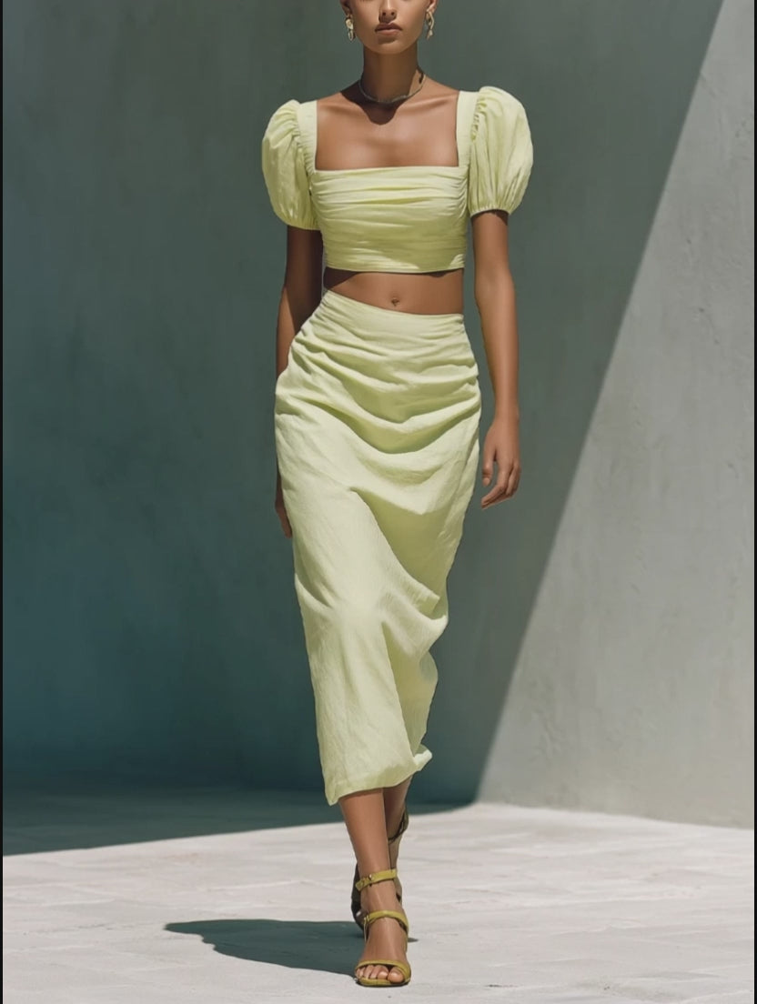 Lightweight Linen Two-Piece Set with Puff Sleeve Crop Top and Draped Midi Skirt
