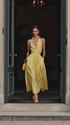 Vestido midi de algodón a rayas con escote halter