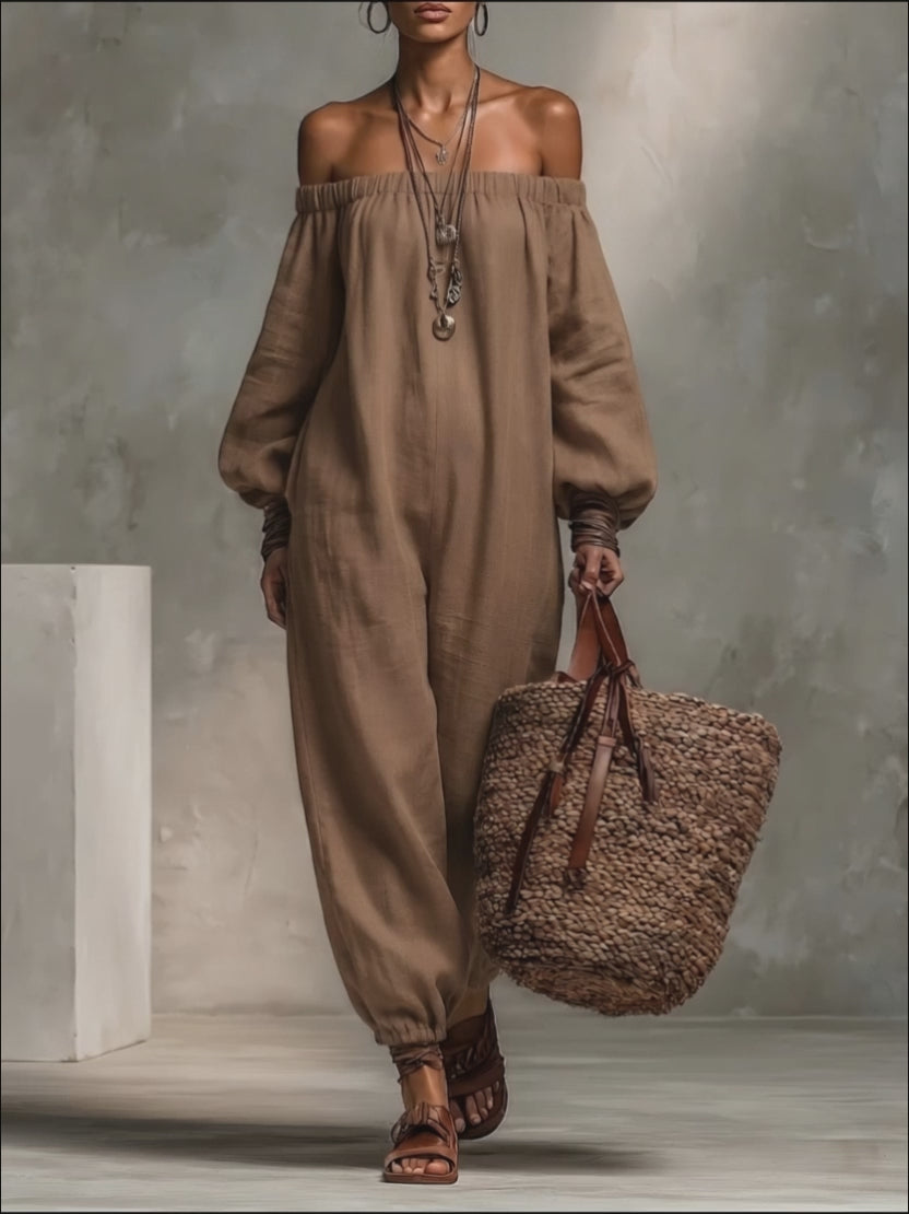 Cotton Linen Off-Shoulder Jumpsuit with Puff Sleeves and Wide Leg Design