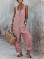 Leinen gestreifter Boho-Overall für Damen, locker sitzend, ärmellos, weites Bein, mit Taschen und umgeschlagenem Saum
