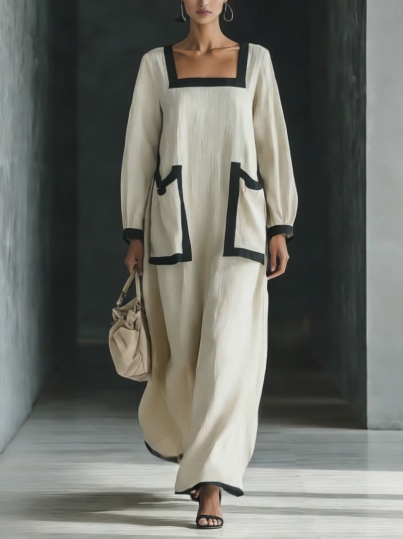 Linen Maxi Dress with Black Trim Square Neckline Long Sleeve Loose Fit Boho Style Women's Summer Dress