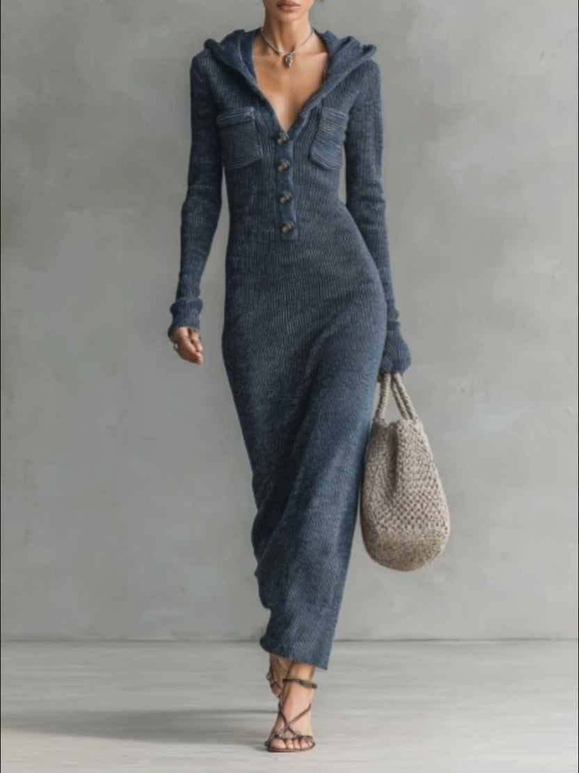 Ribbed Knit Hooded Long Sleeve Midi Dress with Button Front and Pockets