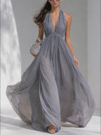 Chiffon-Maxikleid mit tiefem V-Ausschnitt und Neckholder-Design für elegante Abendgarderobe