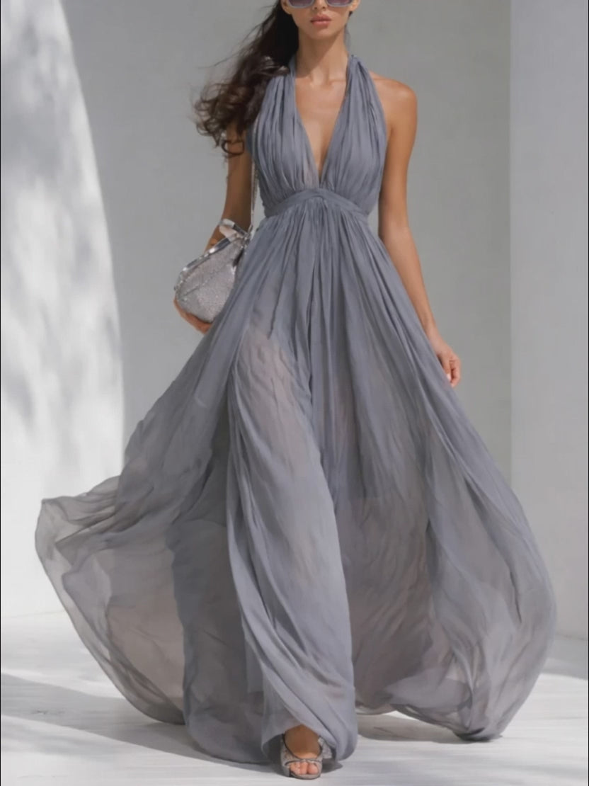Chiffon Maxi Dress with Deep V-Neck and Halter Design for Elegant Evening Wear