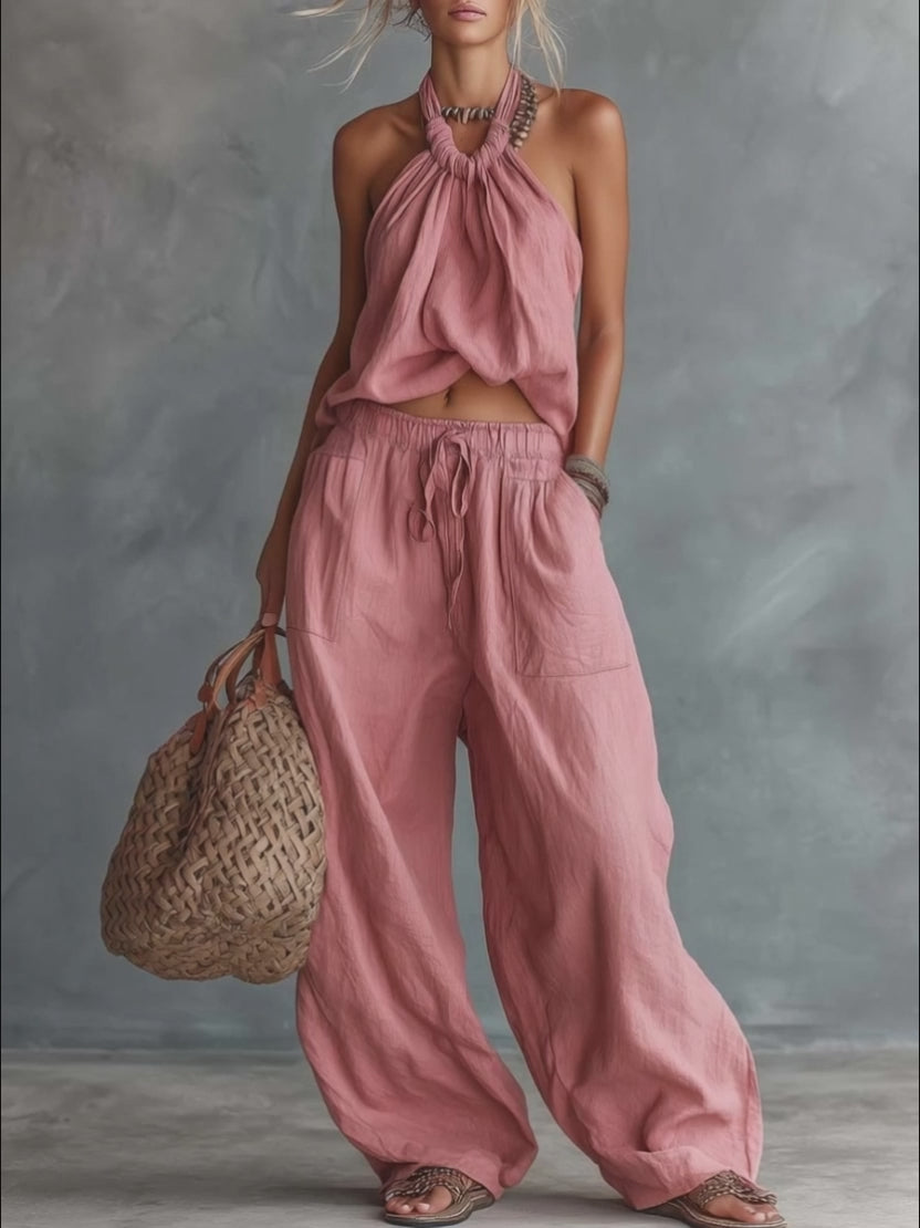 Linen Women's Boho Halter Top and Wide Leg Pants Set - Summer Casual Loose Fit Two Piece Outfit