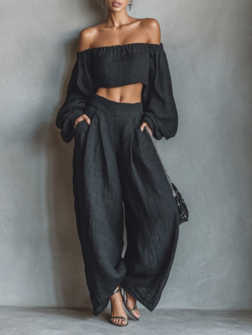 Linen Off-Shoulder Crop Top and Wide Leg Pants Set - Boho Chic Loose Fit Women's Summer Outfit