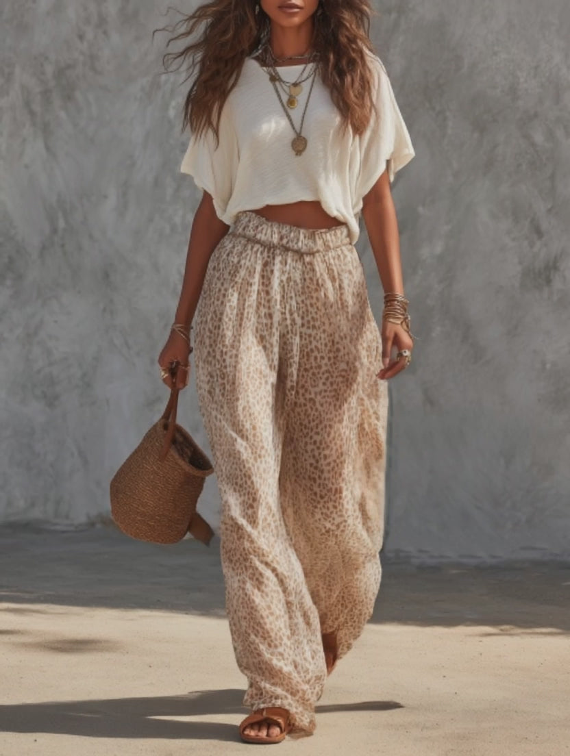 Lightweight Linen Leopard Print Wide Leg Pants for Women Boho Style High Waist Flowy Palazzo Trousers Summer Casual Loose Fit